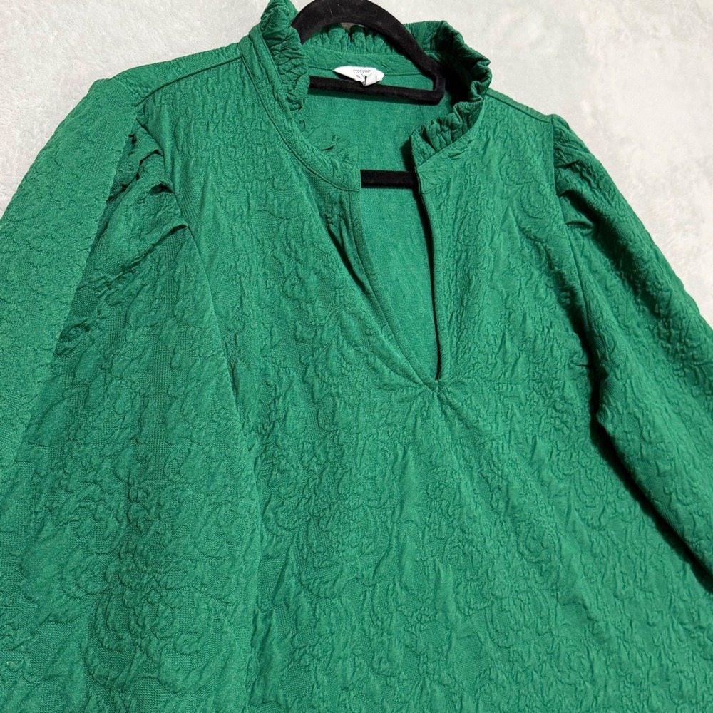 Crown & Ivy Blouse Women L Green Ruffle Neck Textured Puff Sleeve Top - Picture 5 of 11